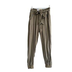 Elevenses Anthropologie Women's Jogger Pants Sz S Green Linen Belted High Waist